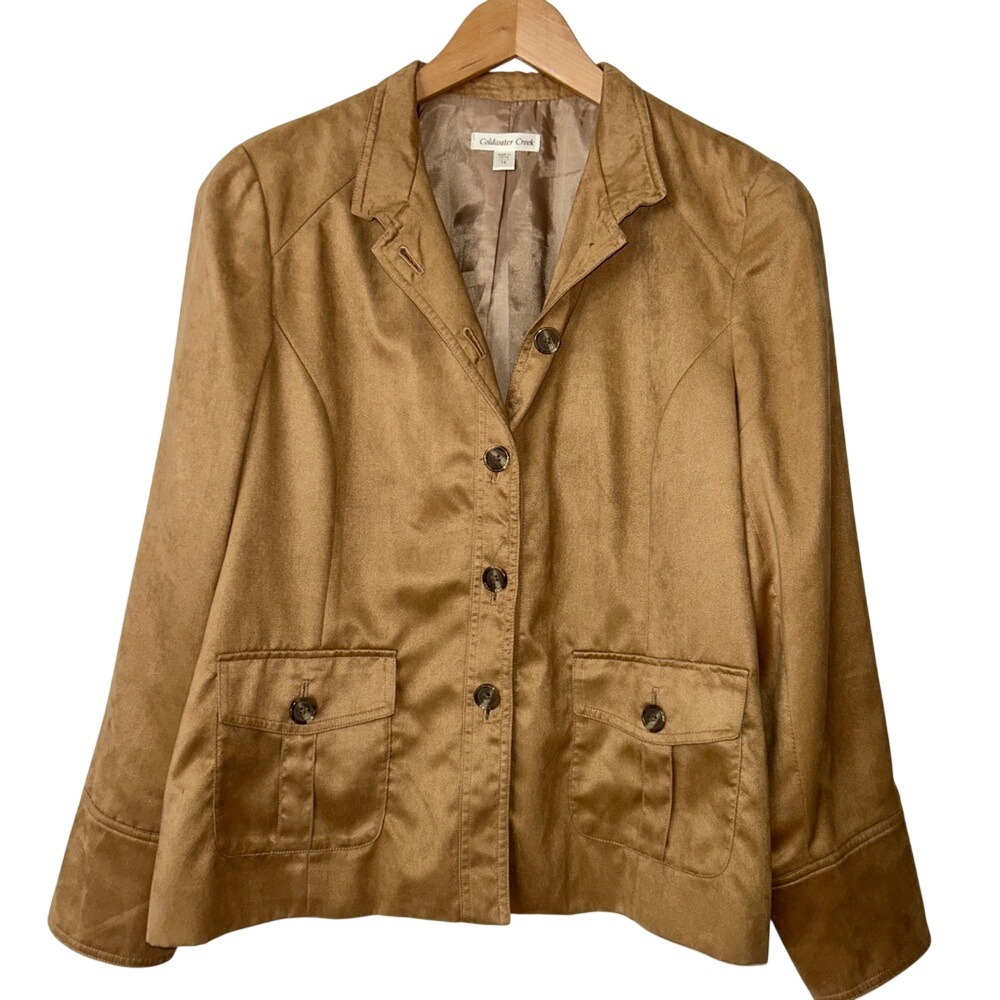Coldwater Creek Classic Camel Women's Button Up Pocket Microsuede Jacket size 16